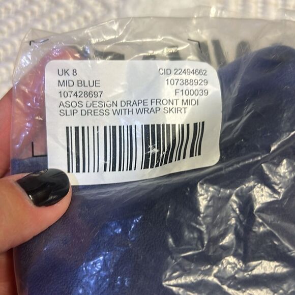ASOS DESIGN drape front midi slip dress with wrap skirt in blue - Picture 6 of 8